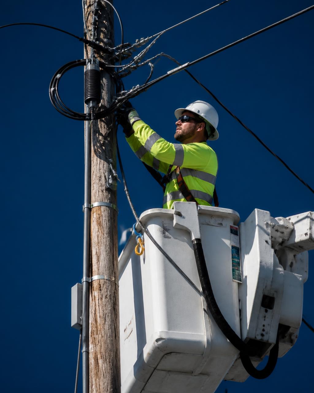 Aerial fiber lineman in a bucket truck working on strand and fiber on a utility pole