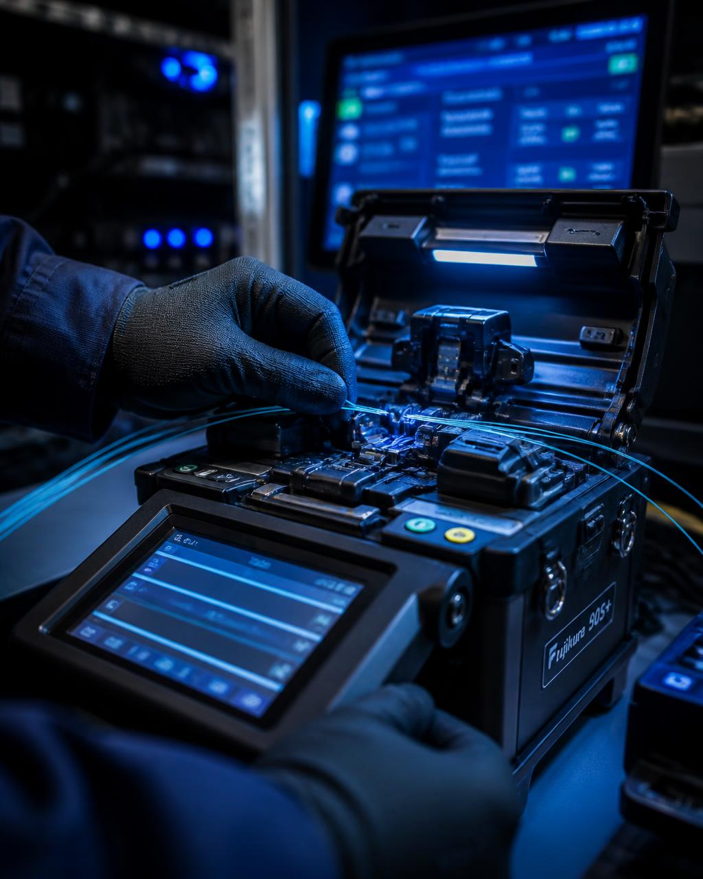 Fiber splicing technician using a fusion splicer inside a splicing trailer