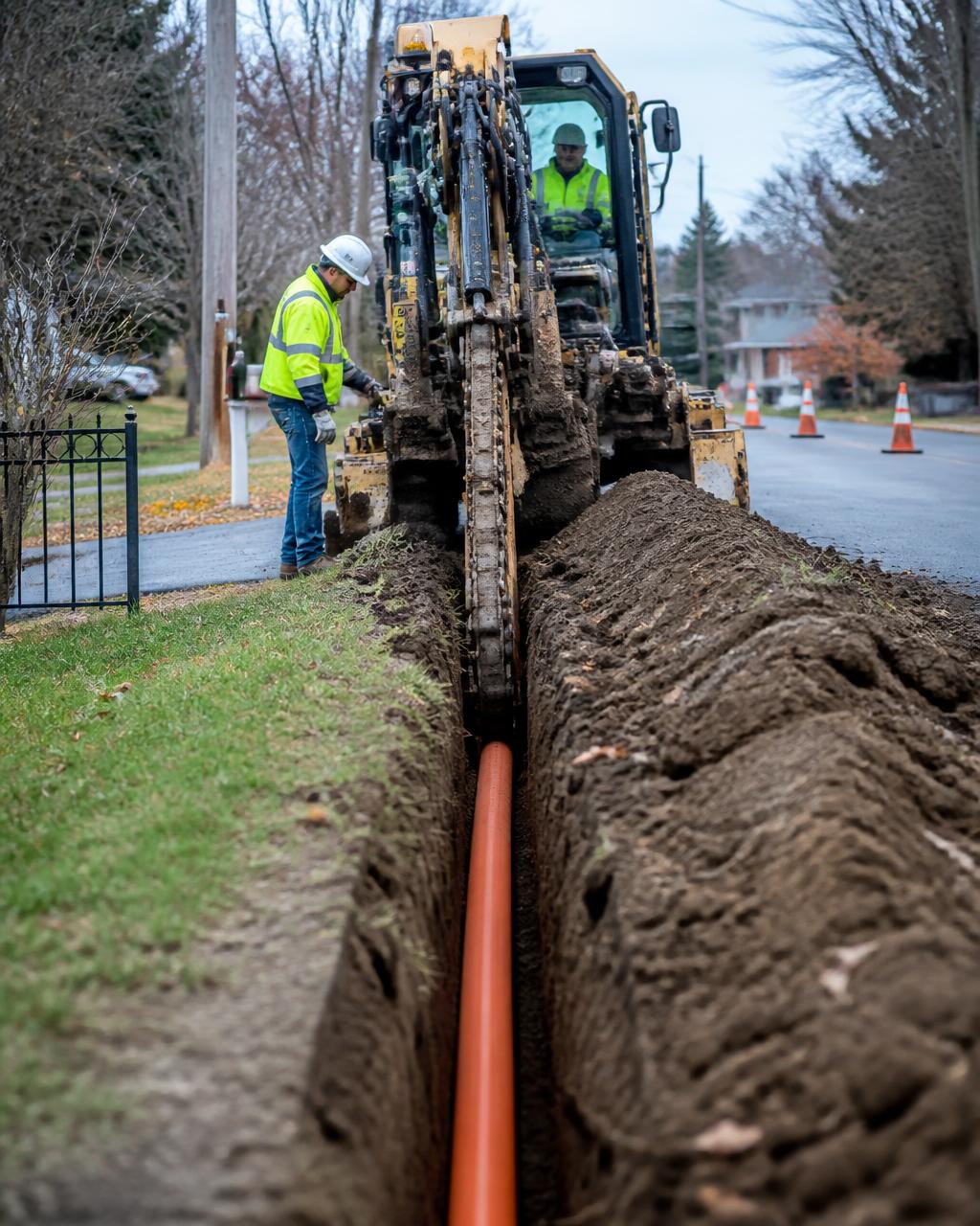 Vibratory plow laying orange fiber conduit in a trench along a residential street